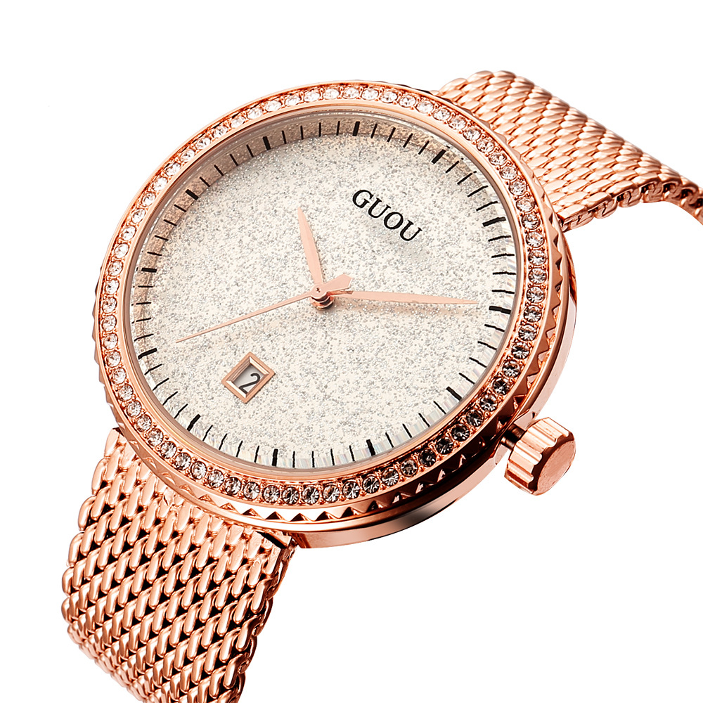 Mesh Stainless Strap - Guou jam tangan wanita Quartz klasik,